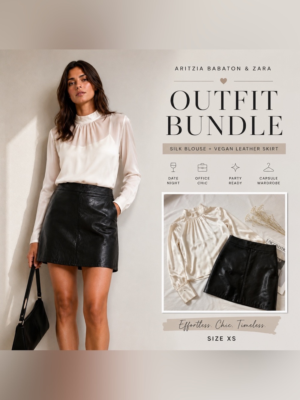 Quiet Luxury Outfit Bundle XS Aritzia Babaton Silk Top Zara Vegan Leather Skirt
